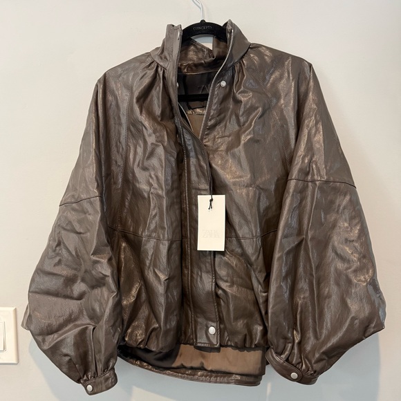 Zara Women's Brown Leather Bomber Jacket - Picture 7 of 8